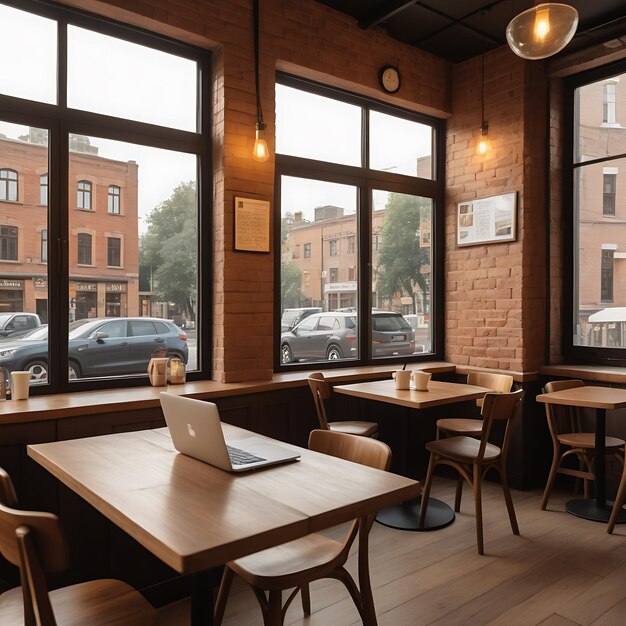 a cozy cafe interior with wooden tables and chairs laptop and books on the table large windows ove