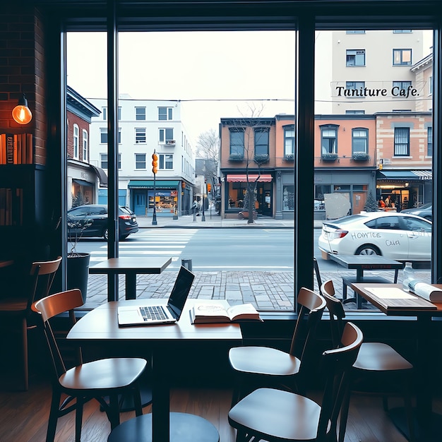 a cozy cafe interior with wooden tables and chairs laptop and books on the table large windows ove