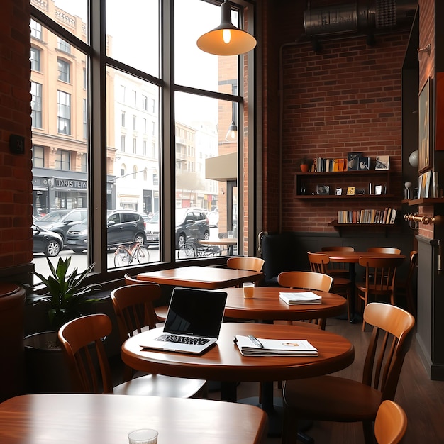 a cozy cafe interior with wooden tables and chairs laptop and books on the table large windows ove