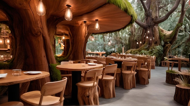 a cozy cafe nestled within an enchanted forest with tables carved from ancient tree trunks