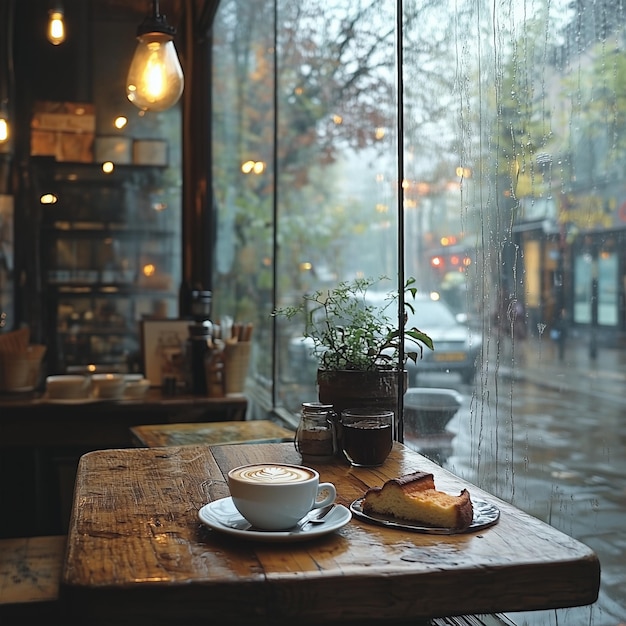 Photo cozy cafe rain a warm cup of tea and a slice of pie captured in a cozy cafe with a rainy day view