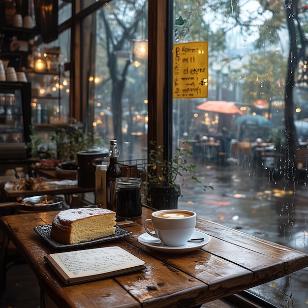 Photo cozy cafe rain a warm cup of tea and a slice of pie captured in a cozy cafe with a rainy day view