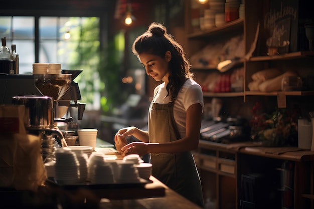 A cozy cafe scene featuring a barista behind the counter