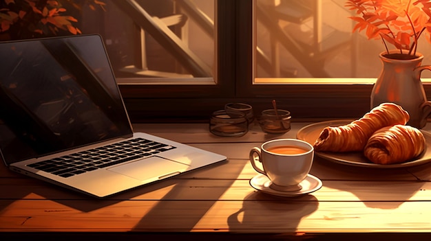 Photo a cozy cafe scene with a croissant coffee and laptop on a wooden table