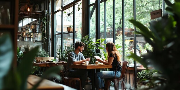 Cozy cafe setting with two people discussing a project