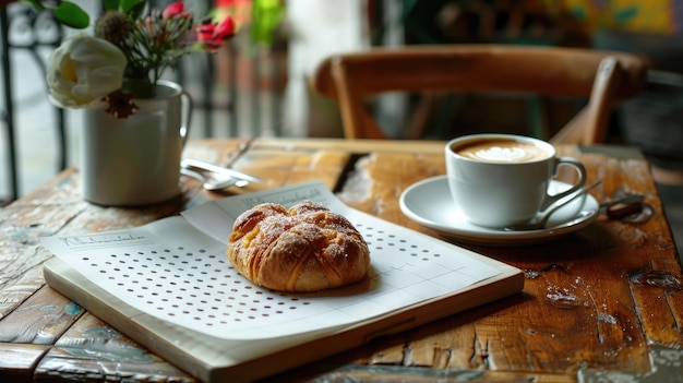 Photo cozy cafe table with pastry coffee and flowers