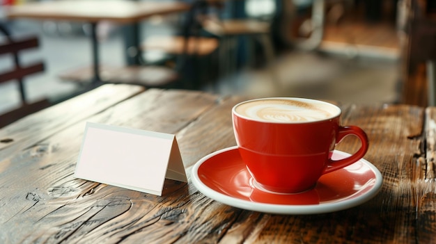 Photo cozy cafe table with red coffee cup and empty business card in bright morning light