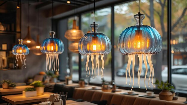 Photo cozy cafe with creative jellyfish shaped lamps