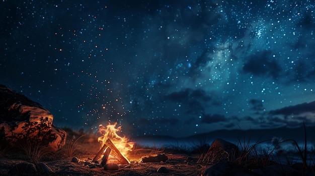 Cozy Campfire Burning Under Starry Night Sky