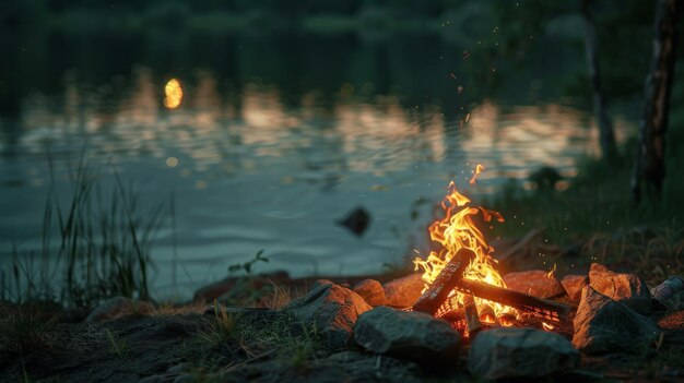 Photo a cozy campfire burns brightly by the lakeside at dusk casting a warm glow over the tranquil water and surrounded by natural beauty