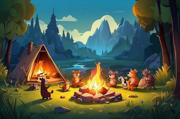 Cozy Campfire Gathering Cartoon Illustration