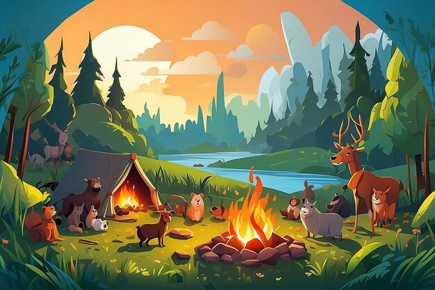 Cozy Campfire Gathering Cartoon Illustration