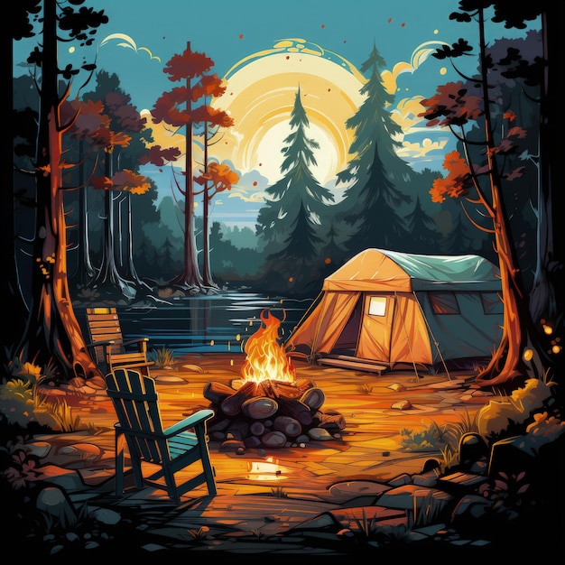 Cozy Campfire Scene with Tent in Colorful Vector Art