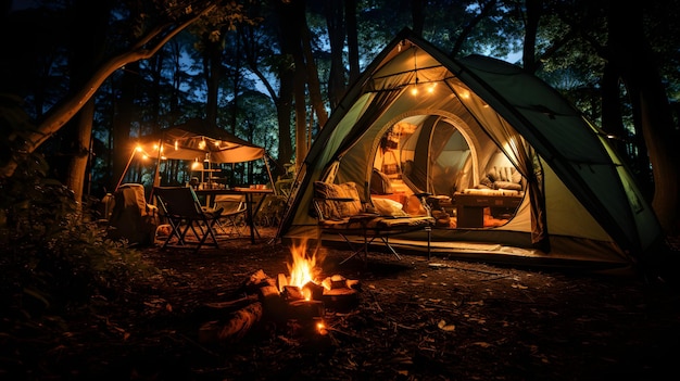 A cozy camping night with a fire and a spacious tent