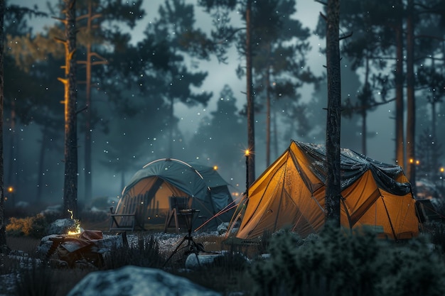 Cozy camping scene in a misty forest at dusk with illuminated tents surrounded by tall trees capturing the tranquil beauty of nature