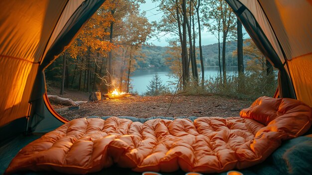 Photo cozy camping tent with a warm campfire and scenic lake view during sunset in the woods