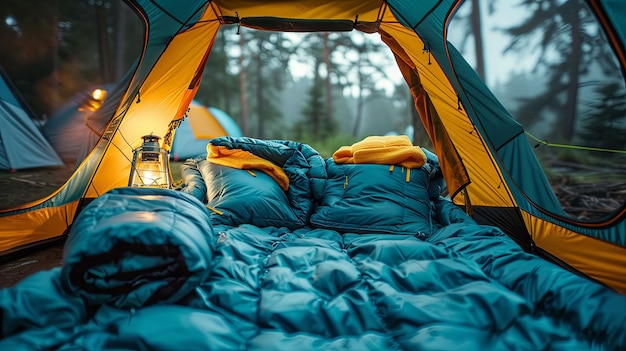 Photo cozy campsite interior with sleeping bags lantern and forest view