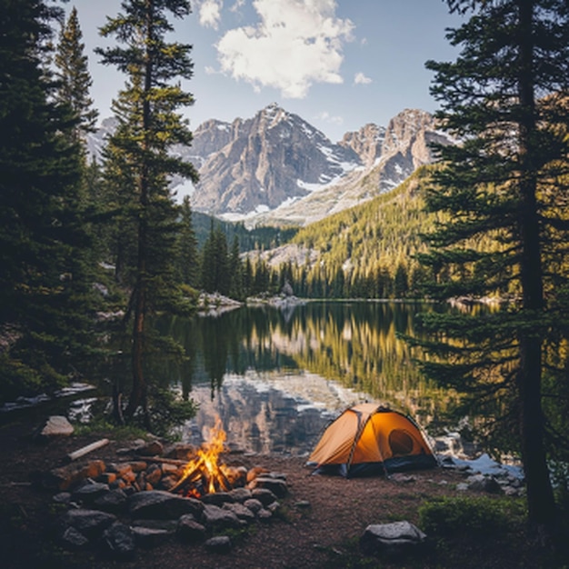 Photo a cozy campsite nestled by a clear mountain lake