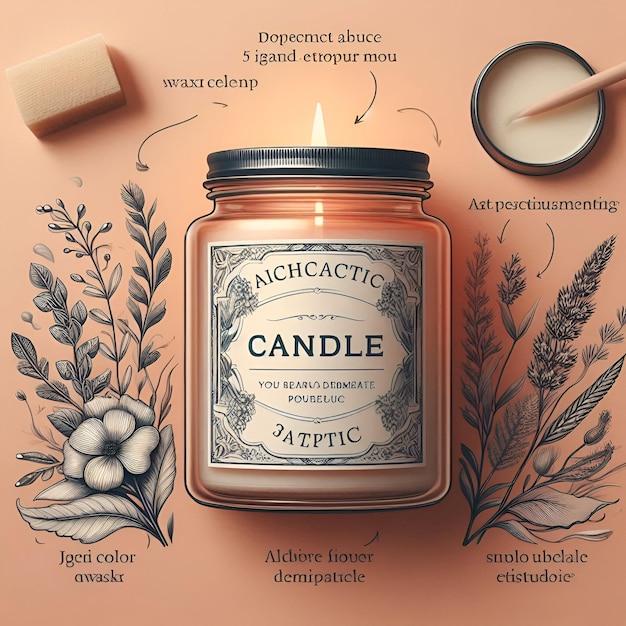 Photo cozy candle jar mockup decorative label scent description wax color jar shape atmospheric lighting