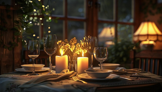 Photo cozy candlelight dinner setting with roses and soft ambience