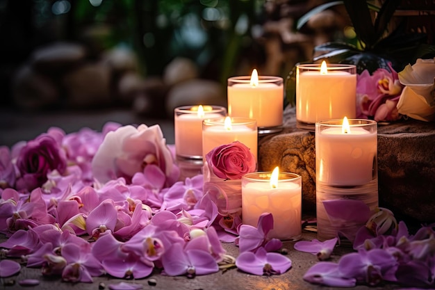 Cozy candlelit composition with flower petals and natural stones