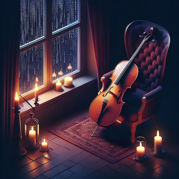 In a cozy candlelit room on a rainy evening isometric style of a cello resting against a velvet ch