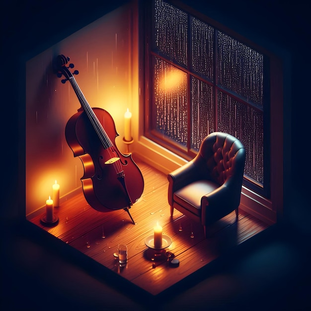 In a cozy candlelit room on a rainy evening isometric style of a cello resting against a velvet ch