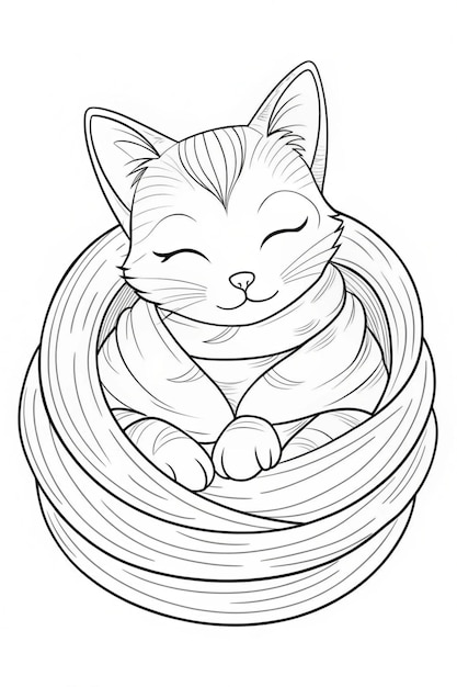 Photo cozy cat in blanket black and white line art coloring page