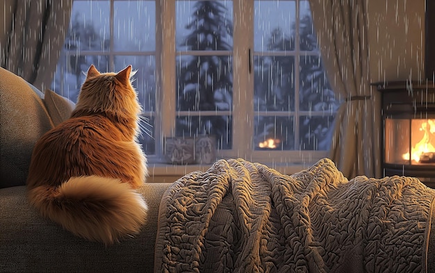 A cozy cat enjoying the warmth of the fire while watching rain fall outside on a winter evening