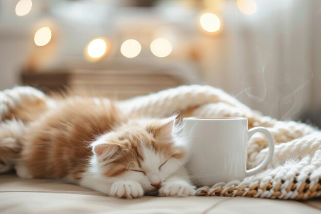 Cozy Cat Nap with Warm Cup Comfortable Home Atmosphere