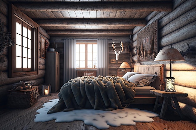 Cozy chalet bedroom with plush bed and warm decor created with generative ai