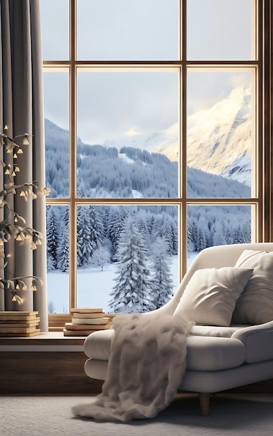 Cozy chalet house interior sofa and panoramic windows overlooking the winter landscape