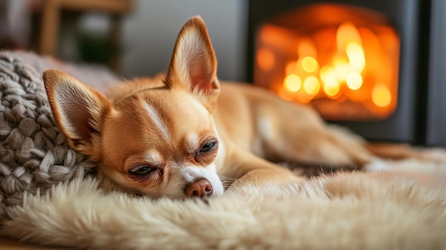 Photo cozy chihuahua dog resting on soft faux fur near modern electric heater