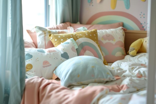 Photo cozy childrens bed with organic cotton pillows