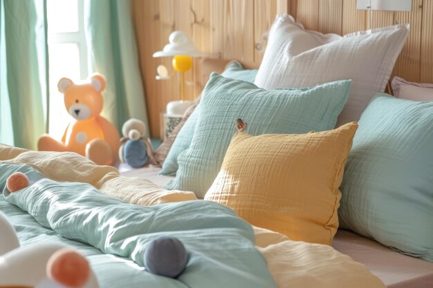 Photo cozy childs bed with soft organic cotton pillows