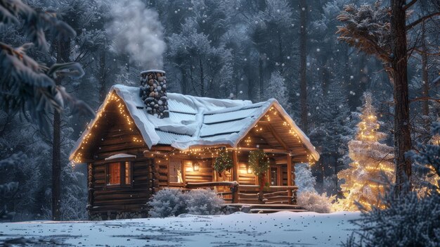 Cozy Christmas Cabin in Snowy Forest with Twinkling Lights and Wreath Decor