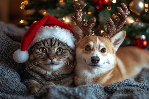 Photo cozy christmas companions cat and dog in festive sleep