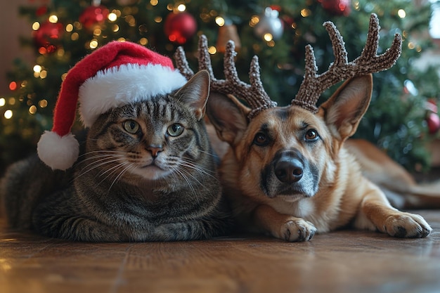 Photo cozy christmas companions cat and dog in festive sleep