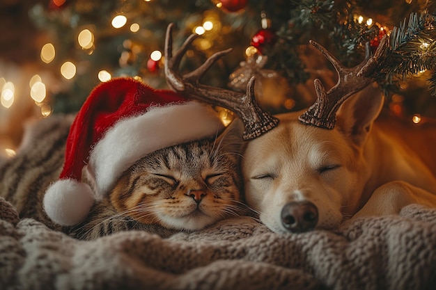 Photo cozy christmas companions cat and dog in festive sleep