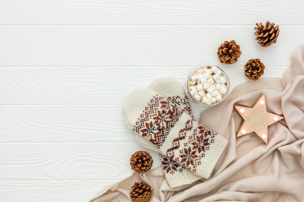 Cozy christmas evening with cocoa flat lay white wooden