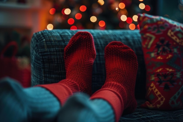 Photo cozy christmas feet in festive socks on sofa