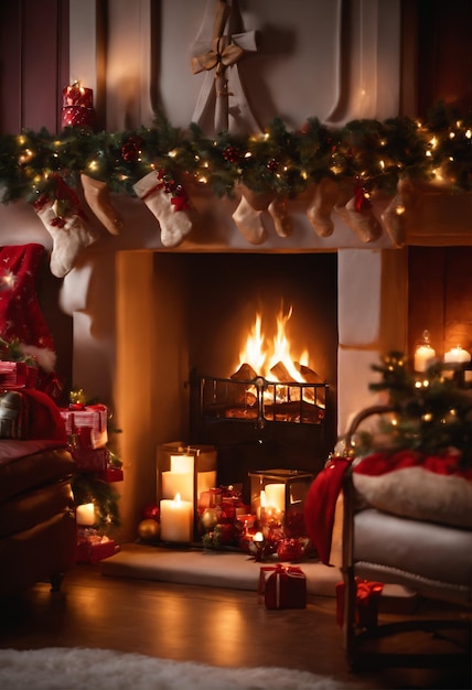 cozy Christmas fireplace with flickering flames and festive decorations