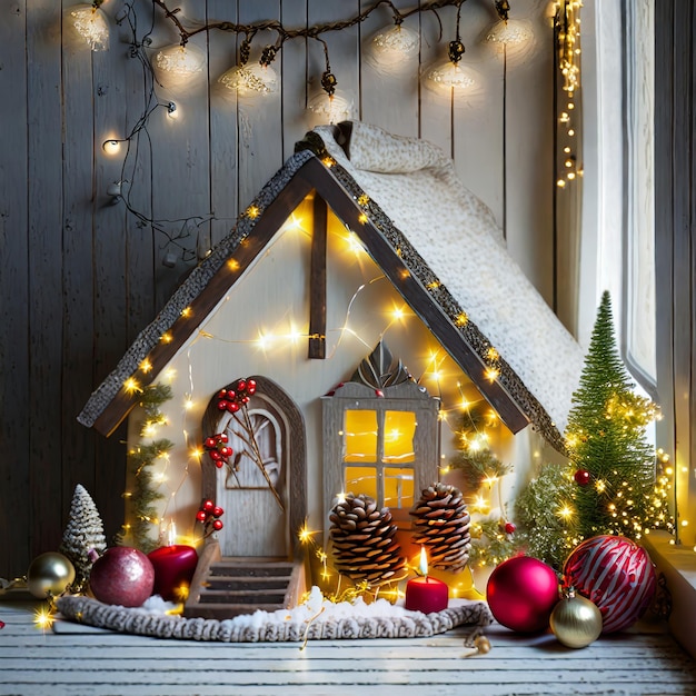 Photo cozy christmas hygge house decorated with festive ornaments pine cones and fairy lights celebrating new year spirit