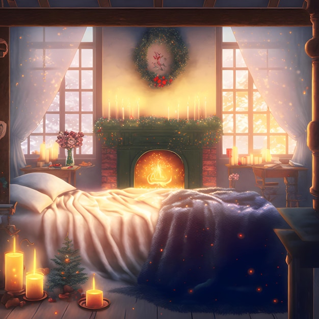 Cozy christmas interior with large window bed fireplace and candles neural network generated art