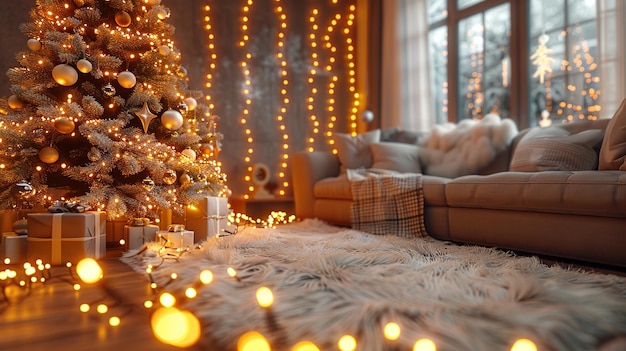 Cozy Christmas Living Room Decorated with Christmas Tree and Lights