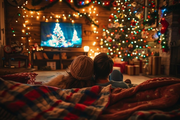 Photo cozy christmas living room with couple watching holiday movie under soft blanket