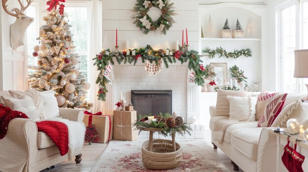 Cozy Christmas Living Room with Decorated Tree Fireplace and Festive Decorations