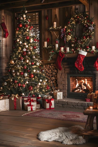 Cozy Christmas Living Room with Decorated Tree Stockings and Fireplace in Beautiful Holiday Settin