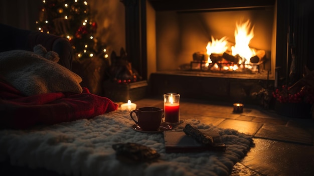 Cozy Christmas morning by fire AI generated