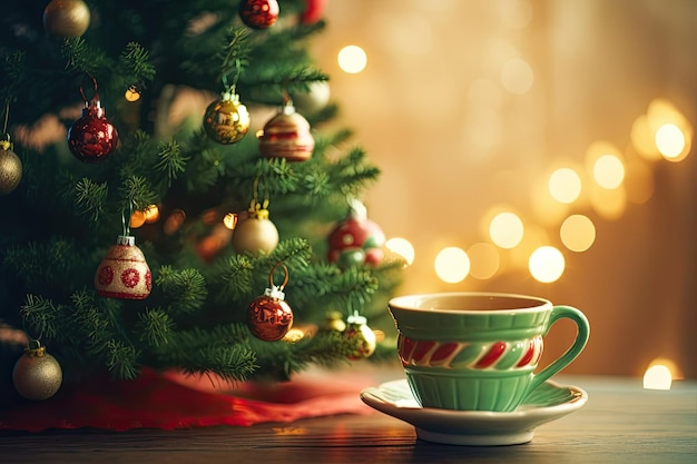 Cozy Christmas morning with a steaming cup of coffee and a decorated tree in the background Generative AI